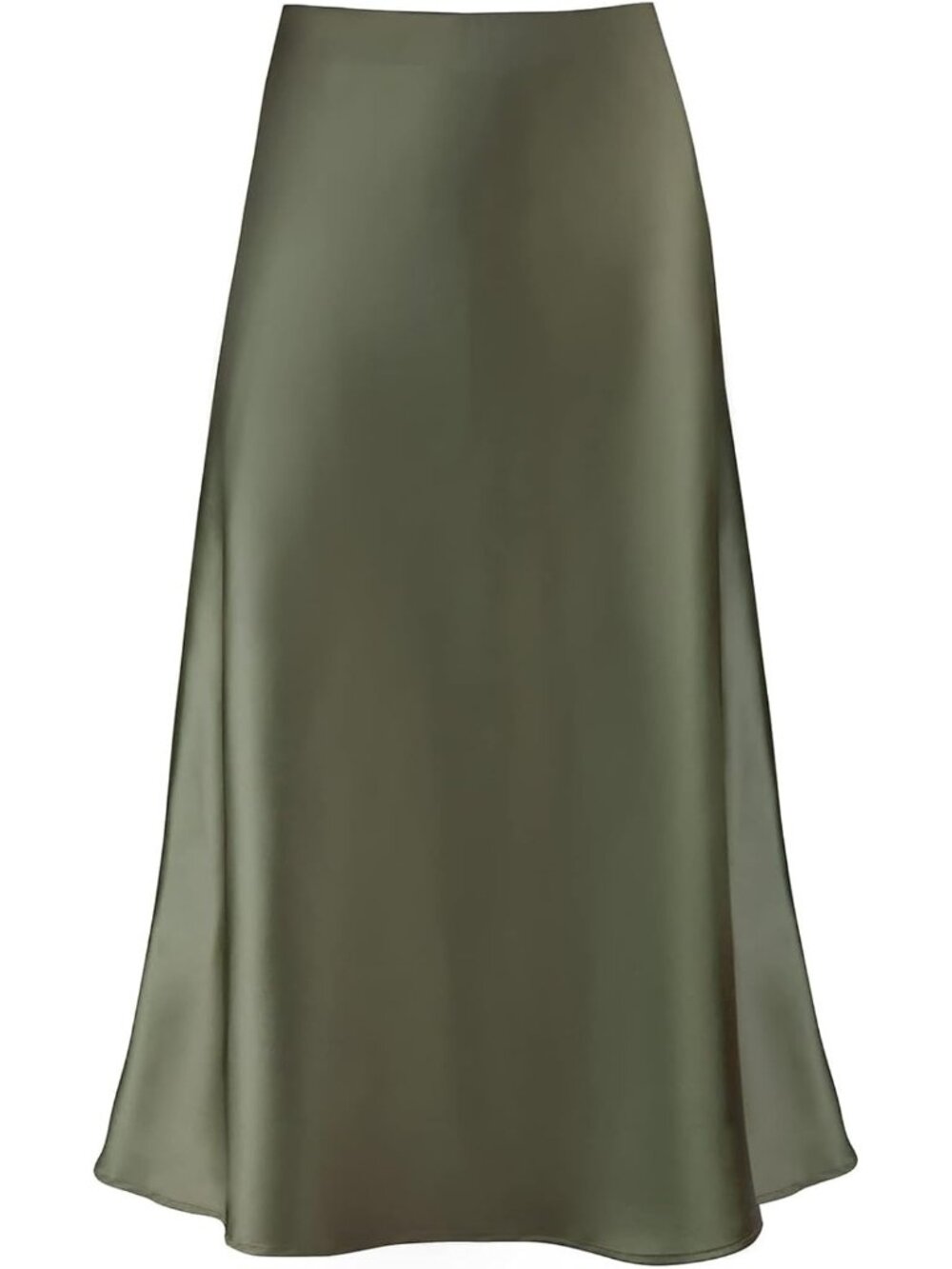 Women's Army Green Polyester Elastane High Waisted Satin A Line Silk Long Skirt
